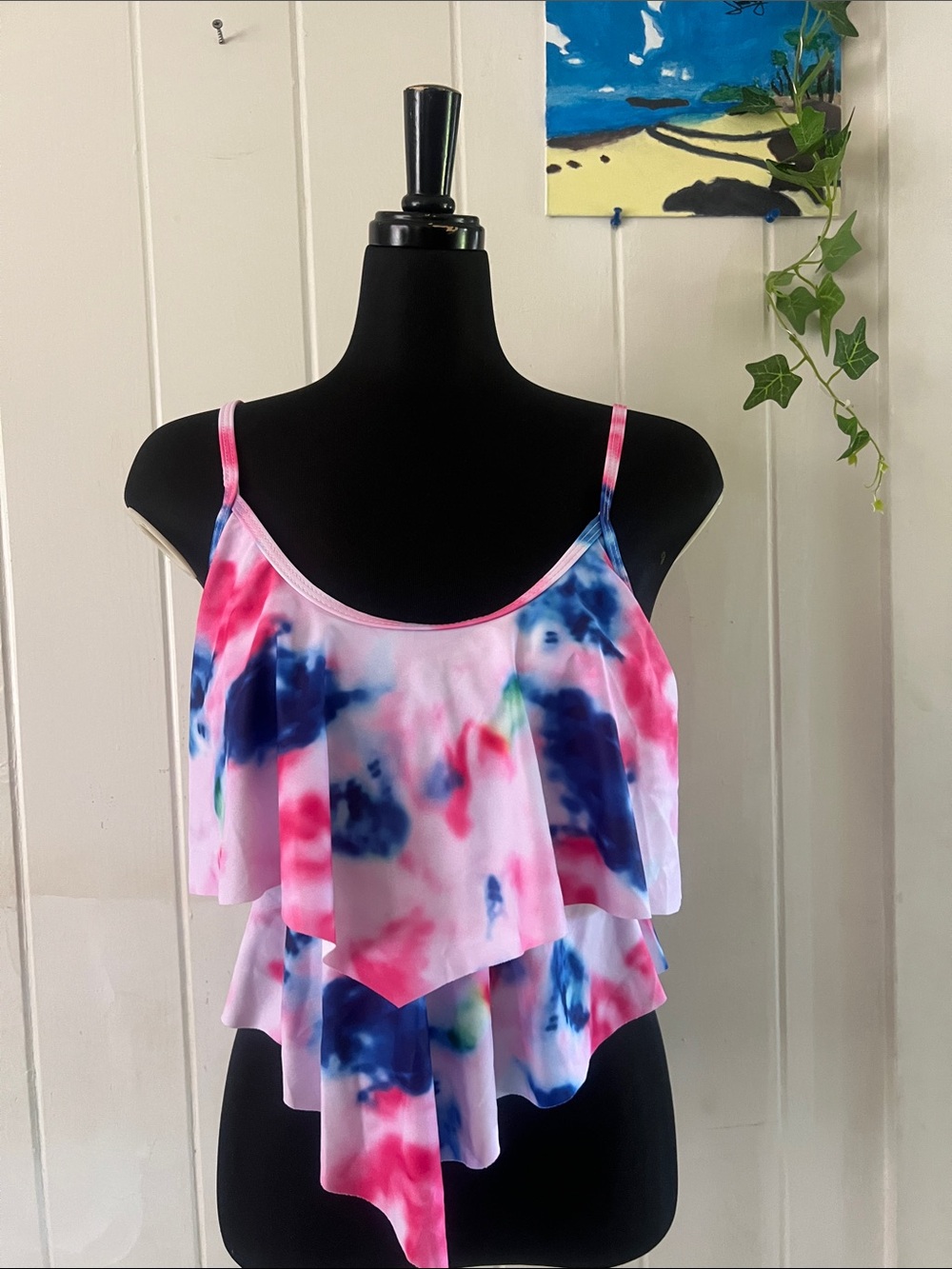 🌹🌺🥀Women’s Pink & Blue Tie-Dye Ruffle Tank Top